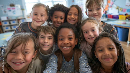 A joyful group of young friends poses together, radiating happiness and laughter while wearing vibrant clothing. Their close bond and childhood friendship are clearly visible