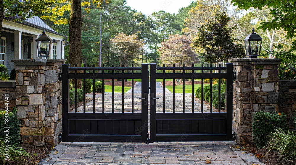 Elegant black gate with stone pillars leading to a serene garden pathway, surrounded by lush greenery and soft lighting. Elegant black gate with stone pillars leading to a serene garden pathway, surrounded by lush greenery and soft lighting.