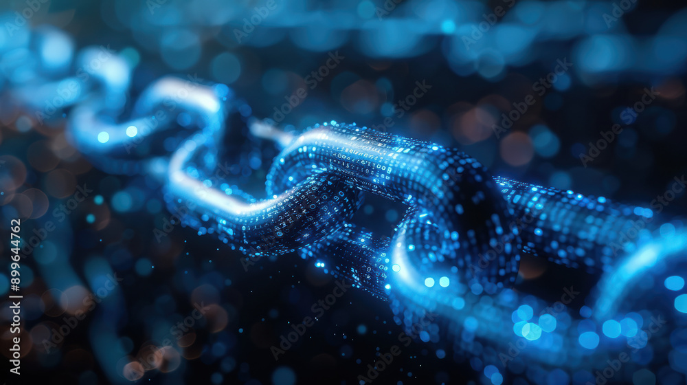 Digital representation of a blockchain chain link system illuminated with blue glowing lights, symbolizing technology, security, and connectivity. Digital representation of a blockchain chain link system illuminated with blue glowing lights, symbolizing technology, security, and connectivity.