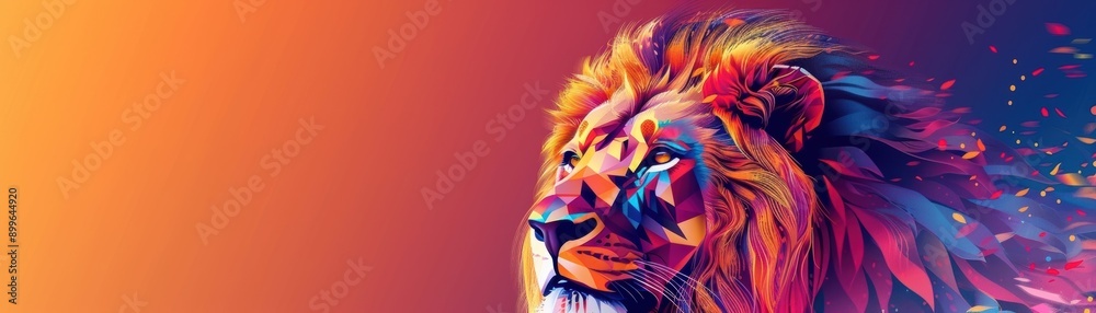 Abstract digital painting of a vibrant lion with colorful geometric shapes on an orange and purple gradient background. Modern art style. Abstract digital painting of a vibrant lion with colorful geometric shapes on an orange and purple gradient background. Modern art style.