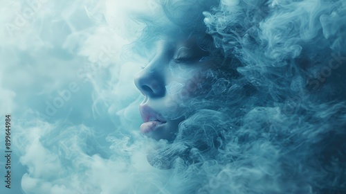 Surreal portrait of a woman surrounded by ethereal, blue-tinted smoke, creating a dreamlike and mystical atmosphere.