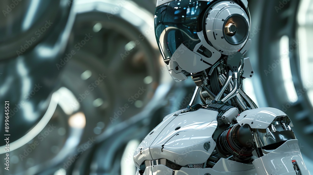 Fototapeta premium A close up of a futuristic robot wearing a white helmet and visor.
