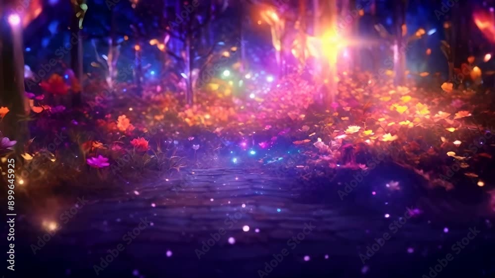 An ethereal and dreamlike forest with an explosion of multicolored bokeh lights, cobbled path, flowers, mesmerizing, otherworldly atmosphere An ethereal and dreamlike forest with an explosion of multicolored bokeh lights, cobbled path, flowers, mesmerizing, otherworldly atmosphere