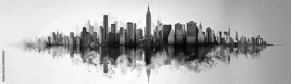 Fototapeta premium black and white illustration of abstract graphic of city building facade in white background with reflection on water 