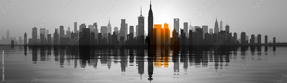 Fototapeta premium black and white illustration of abstract graphic of city building facade in white background with reflection on water