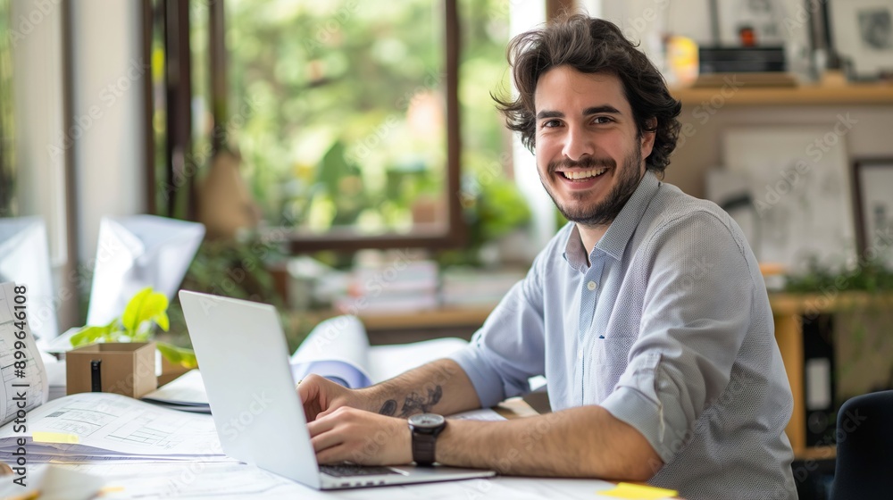 Smiling architect working on blueprints at office desk with laptop and sticky notes. Smiling architect working on blueprints at office desk with laptop and sticky notes.