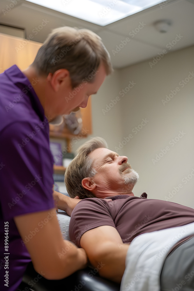 Fototapeta premium A doctor examines an elderly patient lying on a bed, focusing on health check-up and diagnosis in a clinical setting.