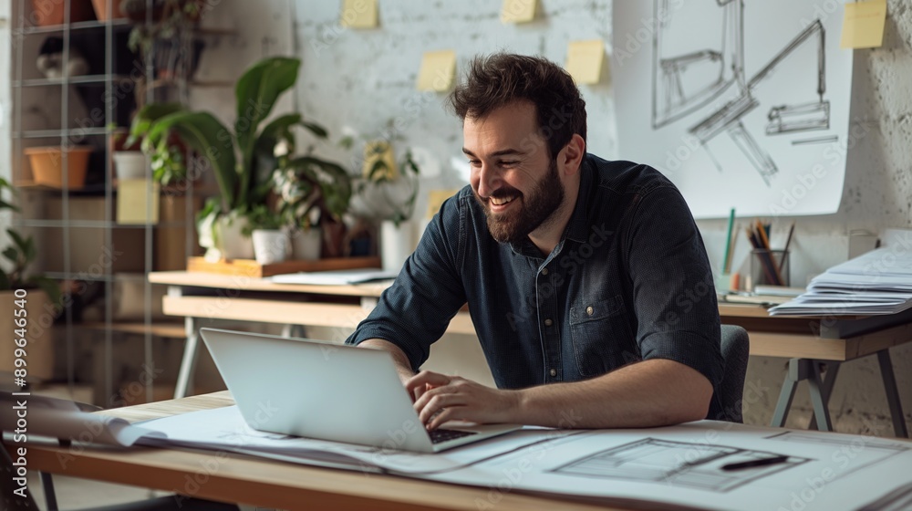 Smiling architect working on blueprints at office desk with laptop and sticky notes.