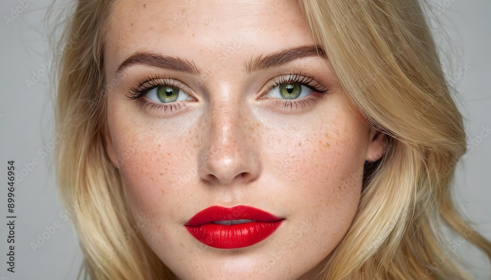 Close-up of a beautiful female model with blonde hair, red lips, freckles, and green eyes, studio shot.