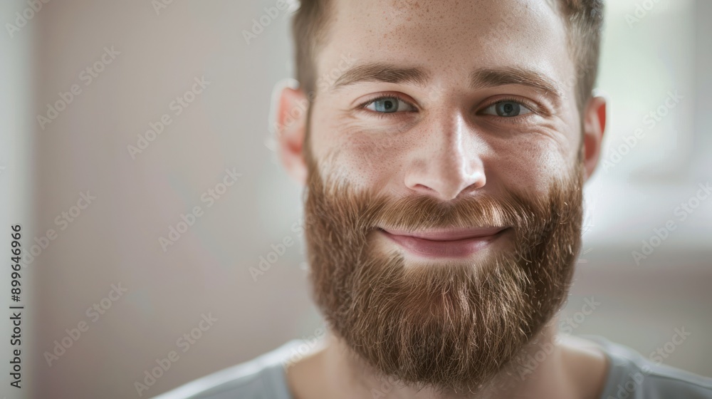 Obraz premium Smiling Bearded Man Close-Up - Close-up portrait of a smiling bearded man with bright eyes, capturing a moment of happiness and warmth in a well-lit setting.
