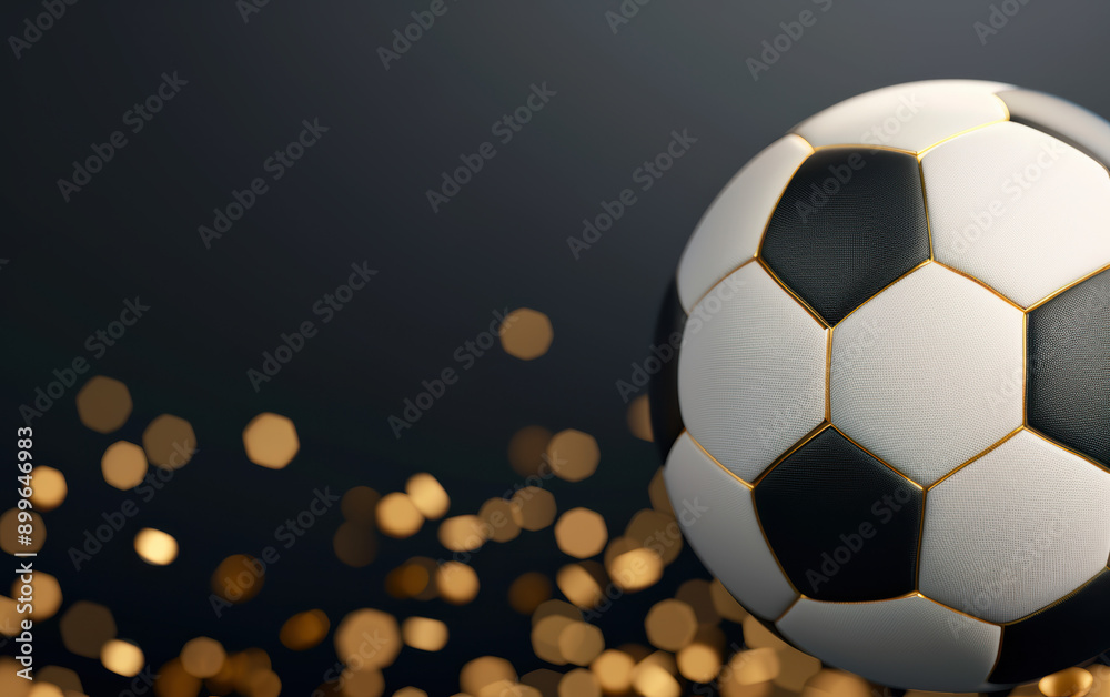 Obraz premium Close-up of a classic black and white soccer ball with golden sparkles in the background, showcasing sports elegance and celebration.