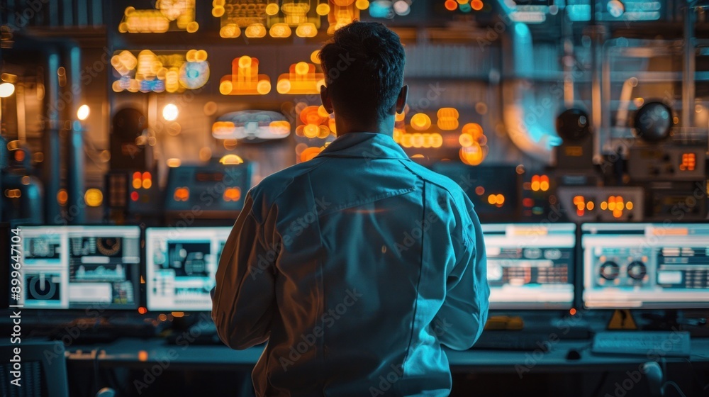 An intelligent factory industrial's manager engineer monitors and regulates automation robot arms machines using a real-time monitoring system software. An intelligent factory industrial's manager engineer monitors and regulates automation robot arms machines using a real-time monitoring system software.