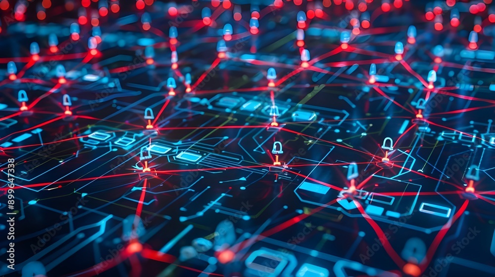Dynamic network visualization with glowing red and blue nodes and connections. Dynamic network visualization with glowing red and blue nodes and connections.