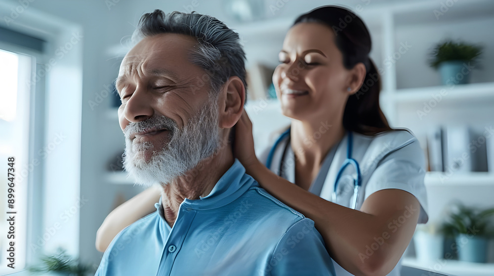 An elderly man smiles while receiving a relaxing shoulder massage from a healthcare professional, highlighting wellness and care. An elderly man smiles while receiving a relaxing shoulder massage from a healthcare professional, highlighting wellness and care.