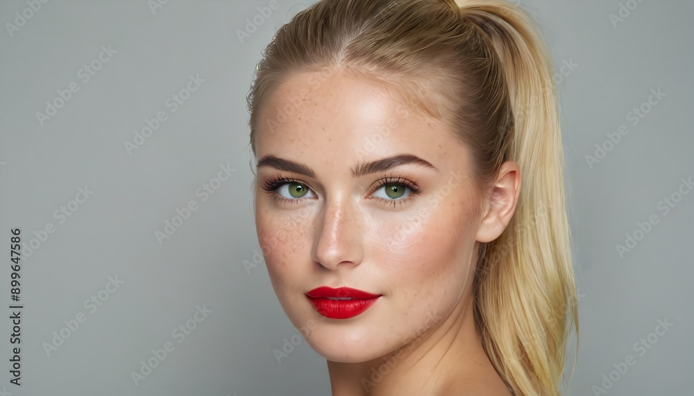 Portrait of a beautiful woman with pinned up blonde hair, red lips and green eyes on isolated gray background, studio shot Portrait of a beautiful woman with pinned up blonde hair, red lips and green eyes on isolated gray background, studio shot