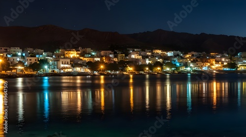 Lovely evening at Hersonissos Bay, Crete, Greece, with a beach, umbrellas, and vibrant colors highlighting the shoreline.