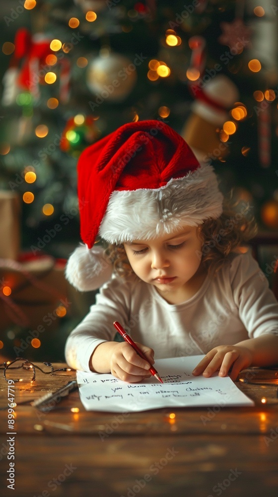 A young child in a Santa hat writes a letter, surrounded by the warm glow of Christmas lights and decorations, capturing the magic of holiday wishes. A young child in a Santa hat writes a letter, surrounded by the warm glow of Christmas lights and decorations, capturing the magic of holiday wishes.
