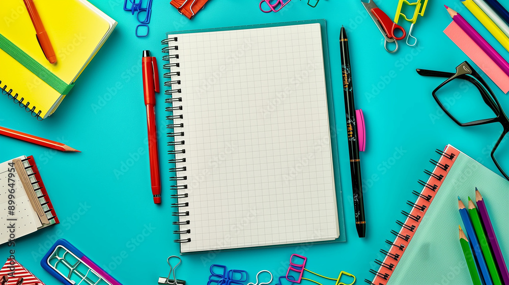 A vibrant blue background featuring an empty notebook paper sheet surrounded by colorful stationery and office supplies. The lively scene includes pens, pencils, books, plastic twine, tape, and scisso A vibrant blue background featuring an empty notebook paper sheet surrounded by colorful stationery and office supplies. The lively scene includes pens, pencils, books, plastic twine, tape, and scisso