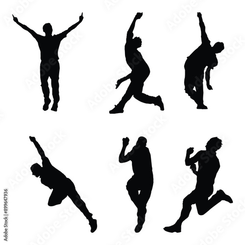 Black silhouettes of Cricket Bowler players shapes