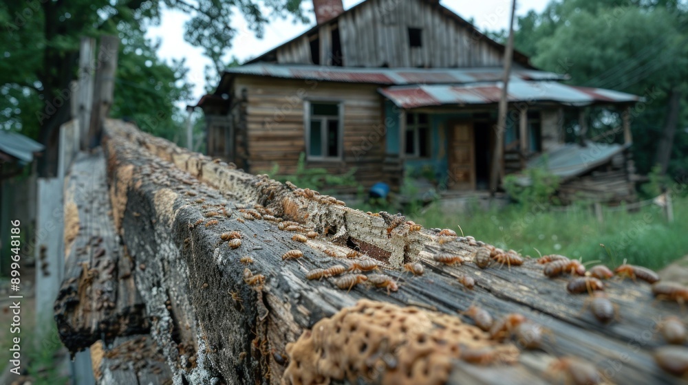 Termites have eaten the wood of the wooden house in the background, making it vulnerable to termites, 8k resolution Termites have eaten the wood of the wooden house in the background, making it vulnerable to termites, 8k resolution