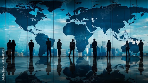 Fototapeta Naklejka Na Ścianę i Meble -  Silhouettes of businesspeople stand in front of a large window, looking out at a world map.