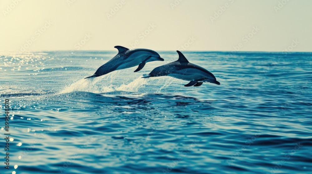 Fototapeta premium Dynamic Dolphin Pair in Sunny Ocean Setting