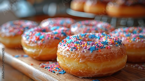 Delicious pink frosted donuts sprinkled with sugar on a wooden board, showcasing a sweet and tasty bakery treat, perfect for dessert, breakfast, or satisfying a sugar craving photo