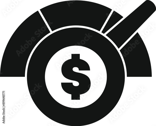 Black and white icon of a control lever increasing the value of dollar currency on a speedometer
