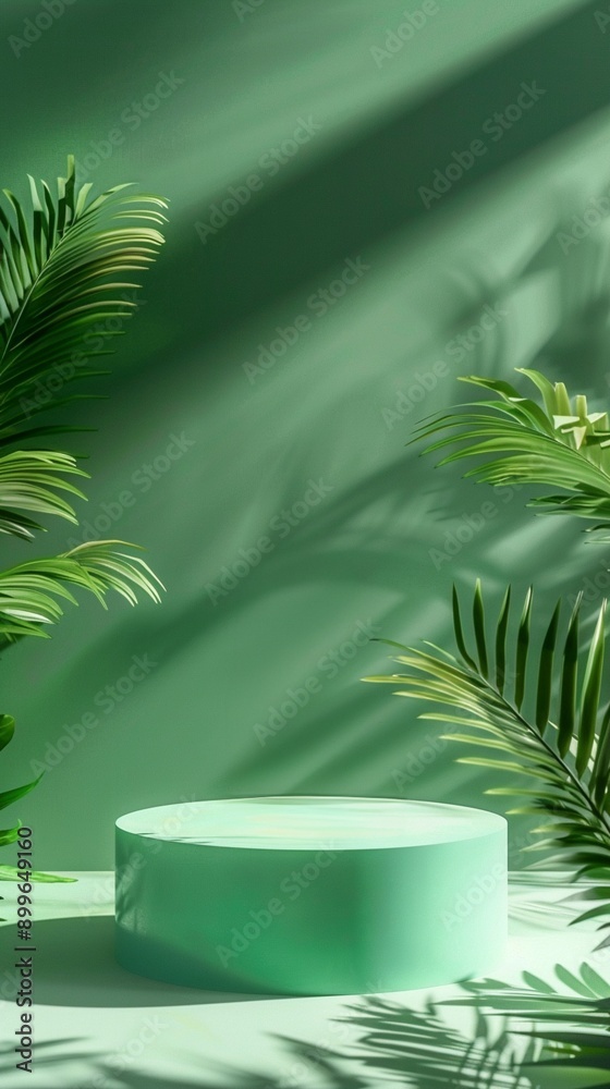Minimalist green product display podium surrounded by lush tropical palm leaves, casting dramatic shadows on a serene mint-colored background. Minimalist green product display podium surrounded by lush tropical palm leaves, casting dramatic shadows on a serene mint-colored background.