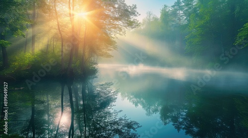 First Light Illuminates Misty Forest Reflections