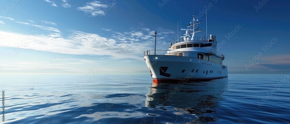 Naklejka premium Sophisticated Vessel on Calm Ocean, Modern Eco-Friendly Features