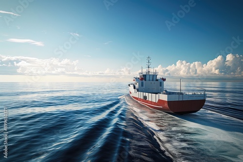 Streamlined Cargo Ship with Clear Exhaust on Open Water photo