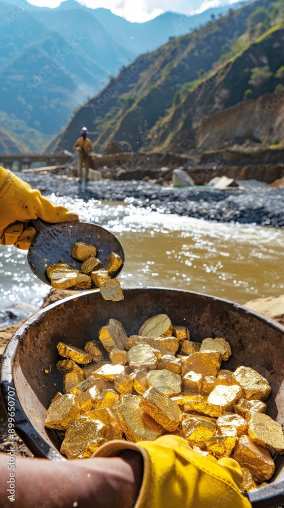 Fototapeta premium Worker's hands sifting gold nuggets in a gold mine, mountain background, sunny day in the wild, gold mining, natural wealth concept
