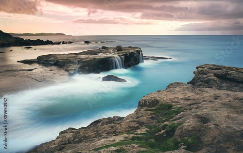 A series of rock formations jut out into the sea, with one of them having a small waterfall cascading over its © Sergiu