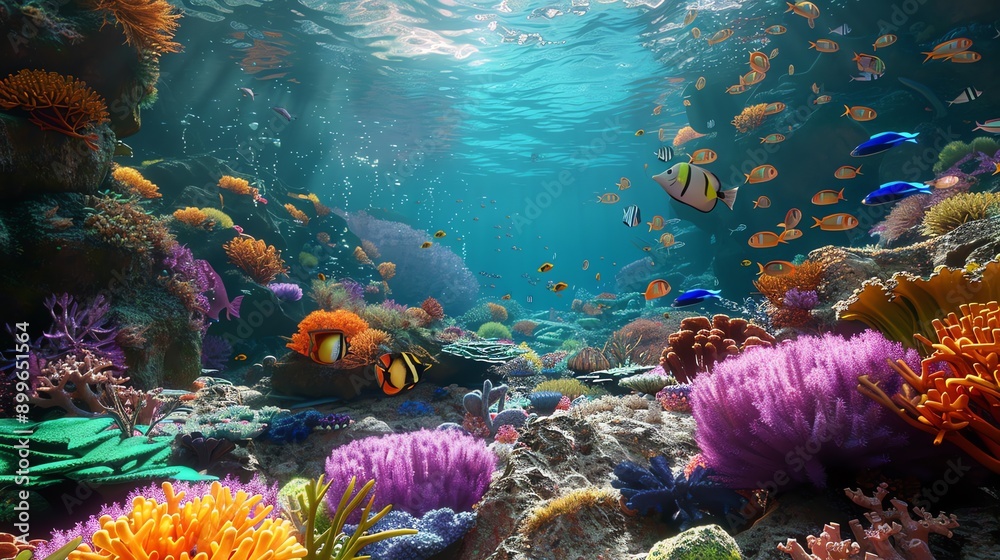 Fototapeta premium A vibrant coral reef with colorful fish swimming through the clear, blue water.