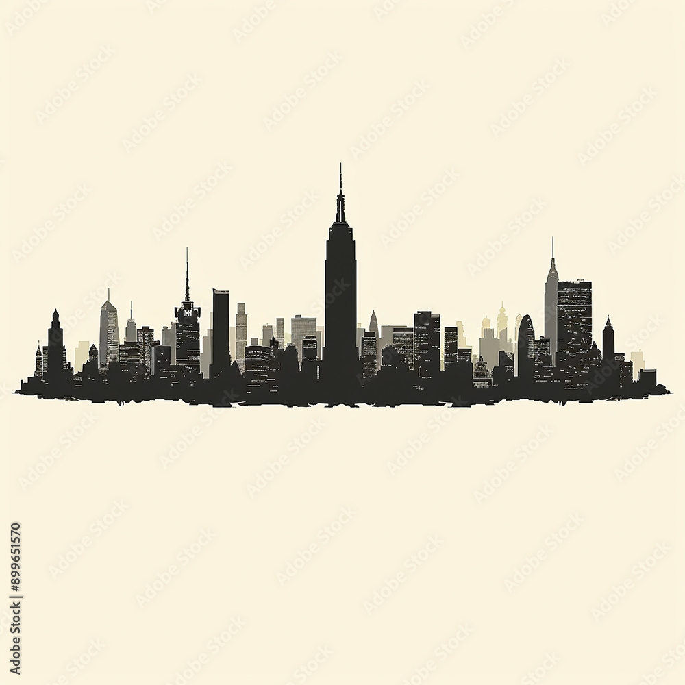 Naklejka premium wide black and white skyscrapers building facade of high rise landmark city buildings illustration with its reflection on water front surface in white background