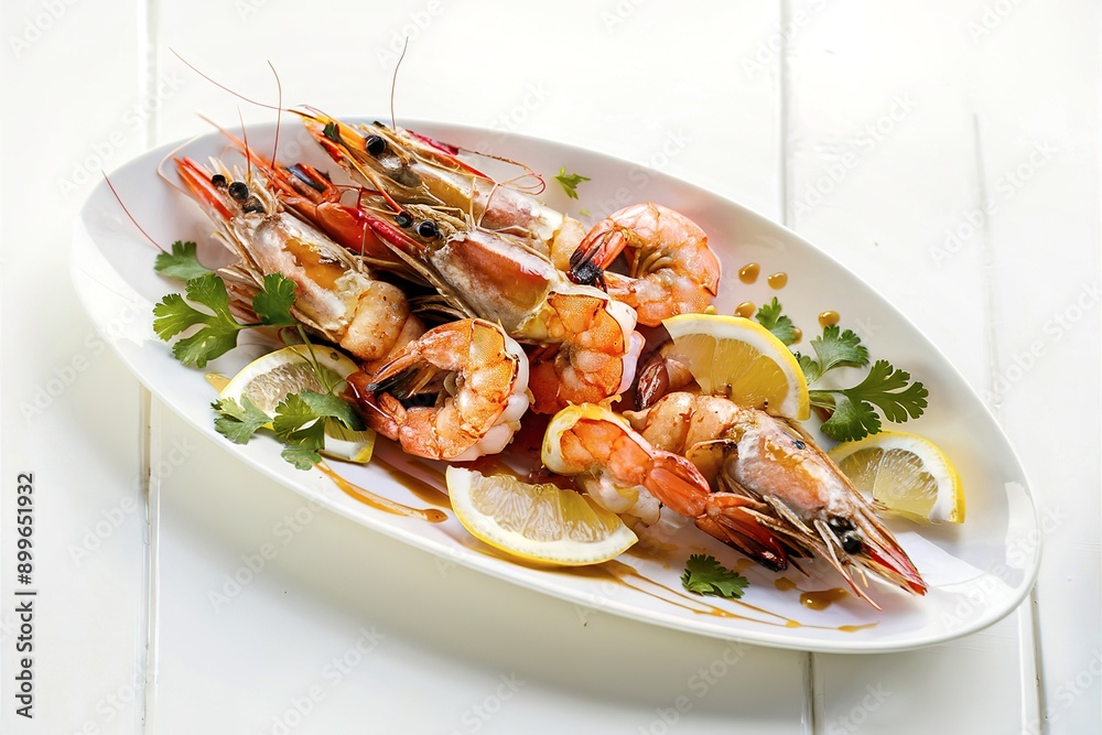 A plate of grilled seafood, specifically what appears to be shrimp or prawns A plate of grilled seafood, specifically what appears to be shrimp or prawns