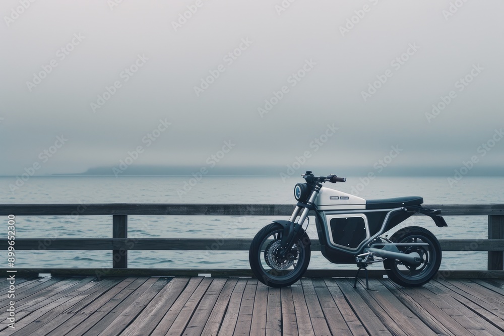 Fototapeta premium Sleek Electric Motorcycle by Still Blue Lake and Pier