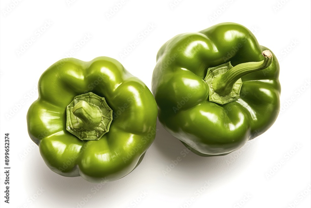 Two vibrant green bell peppers placed side by side on a white background Two vibrant green bell peppers placed side by side on a white background