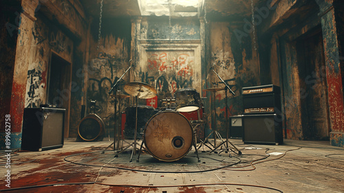 A gritty music studio with worn-out instruments, graffiti-covered walls, and dim lighting. The scene captures the raw and edgy atmosphere of an underground grunge band’s rehearsal space.