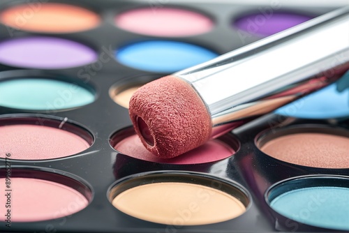 A close-up view of a makeup palette with multiple vibrant eyeshadow shades