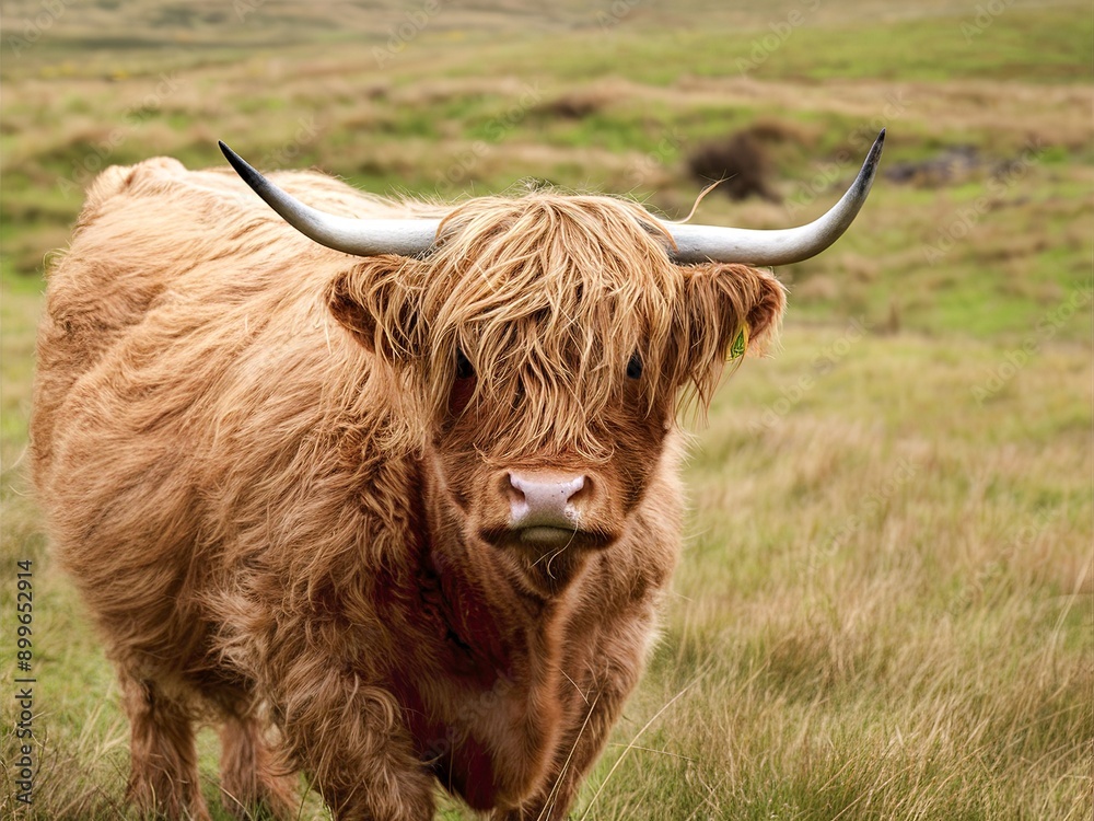 A Highland cow, characterized by its long, wavy, golden-brown fur, standing in a grassy field A Highland cow, characterized by its long, wavy, golden-brown fur, standing in a grassy field