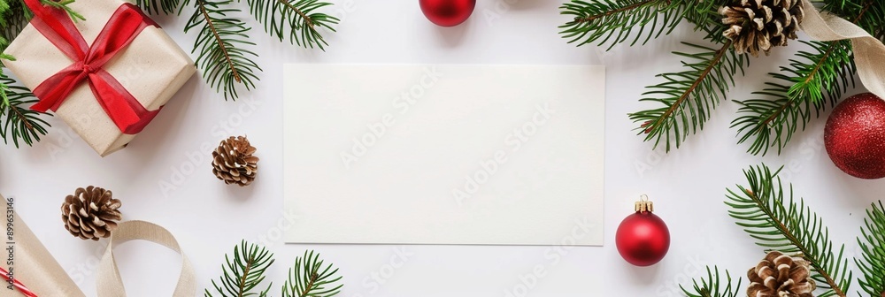 Festive Christmas flat lay with blank card, pine branches, red ornaments, and gift box, perfect for holiday greetings or invitations. Festive Christmas flat lay with blank card, pine branches, red ornaments, and gift box, perfect for holiday greetings or invitations.