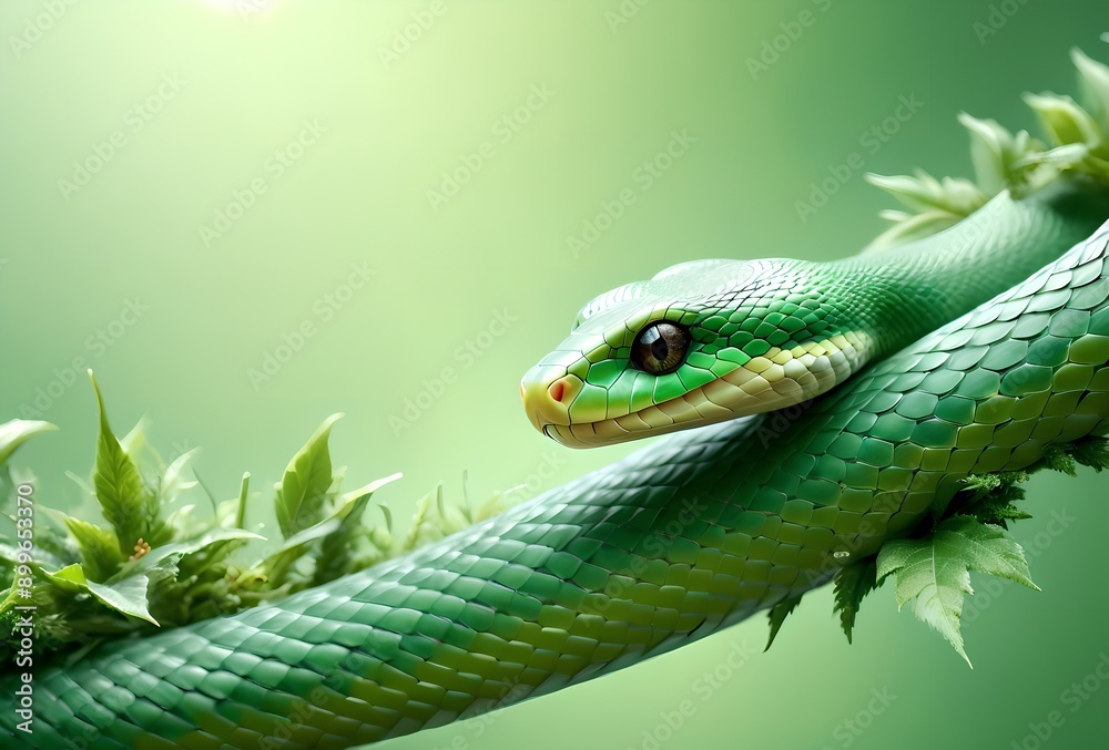 Fototapeta premium green forest snake close-up, isolated on green background
