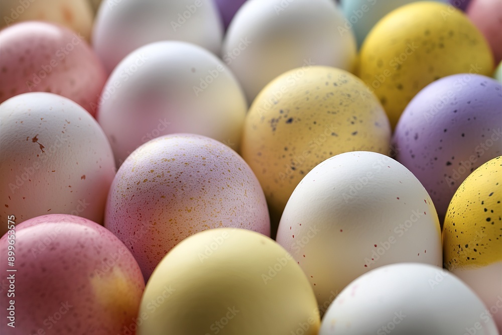 A close-up view of multiple eggs, each with a unique speckled pattern in colors like pink, white, yellow A close-up view of multiple eggs, each with a unique speckled pattern in colors like pink, white, yellow
