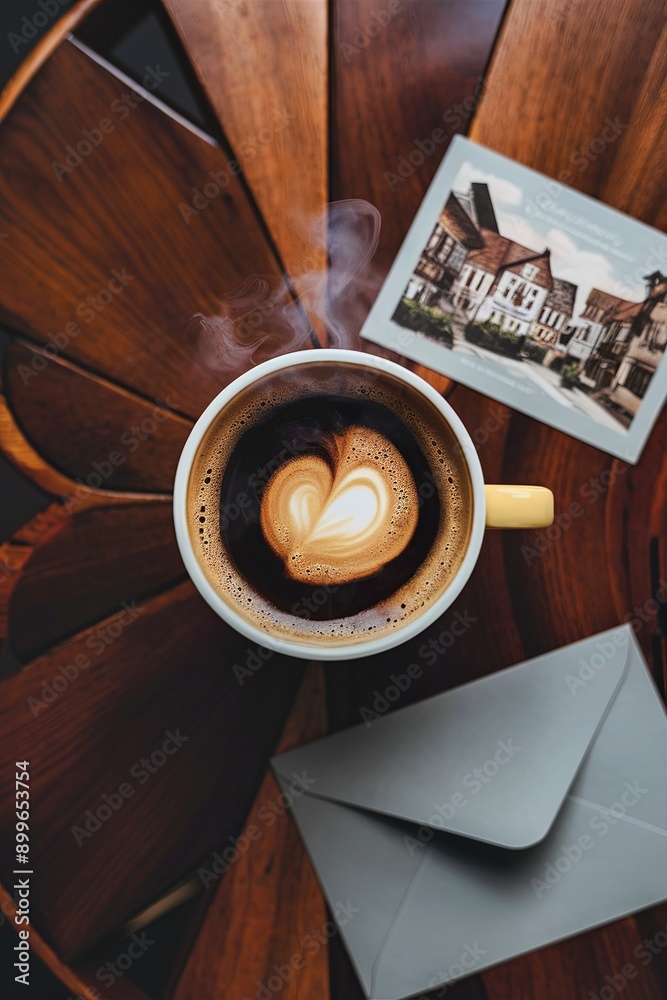 Top view over coffee cup, and gray postcard with envelope Top view over coffee cup, and gray postcard with envelope