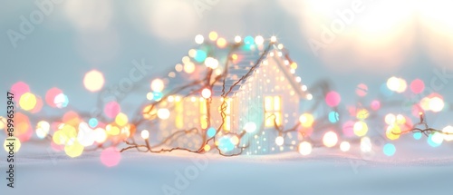 A charming, illuminated house surrounded by colorful festive lights, creating a warm winter atmosphere.