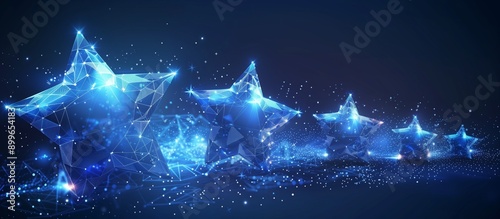 5 stars rating. Abstract blue stars. Low poly style design. Wireframe light connection structure.