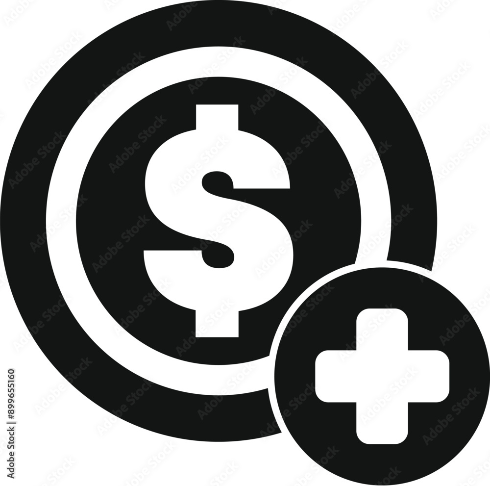 Black and white dollar coin is increasing in value with a plus sign Black and white dollar coin is increasing in value with a plus sign