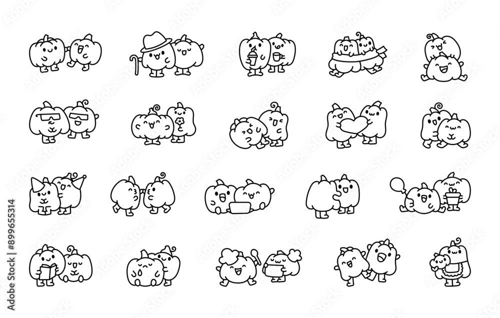 Funny couple pumpkin cartoon characters. Coloring Page. Cute food friends. Hand drawn style. Vector drawing. Collection of design elements. Funny couple pumpkin cartoon characters. Coloring Page. Cute food friends. Hand drawn style. Vector drawing. Collection of design elements.